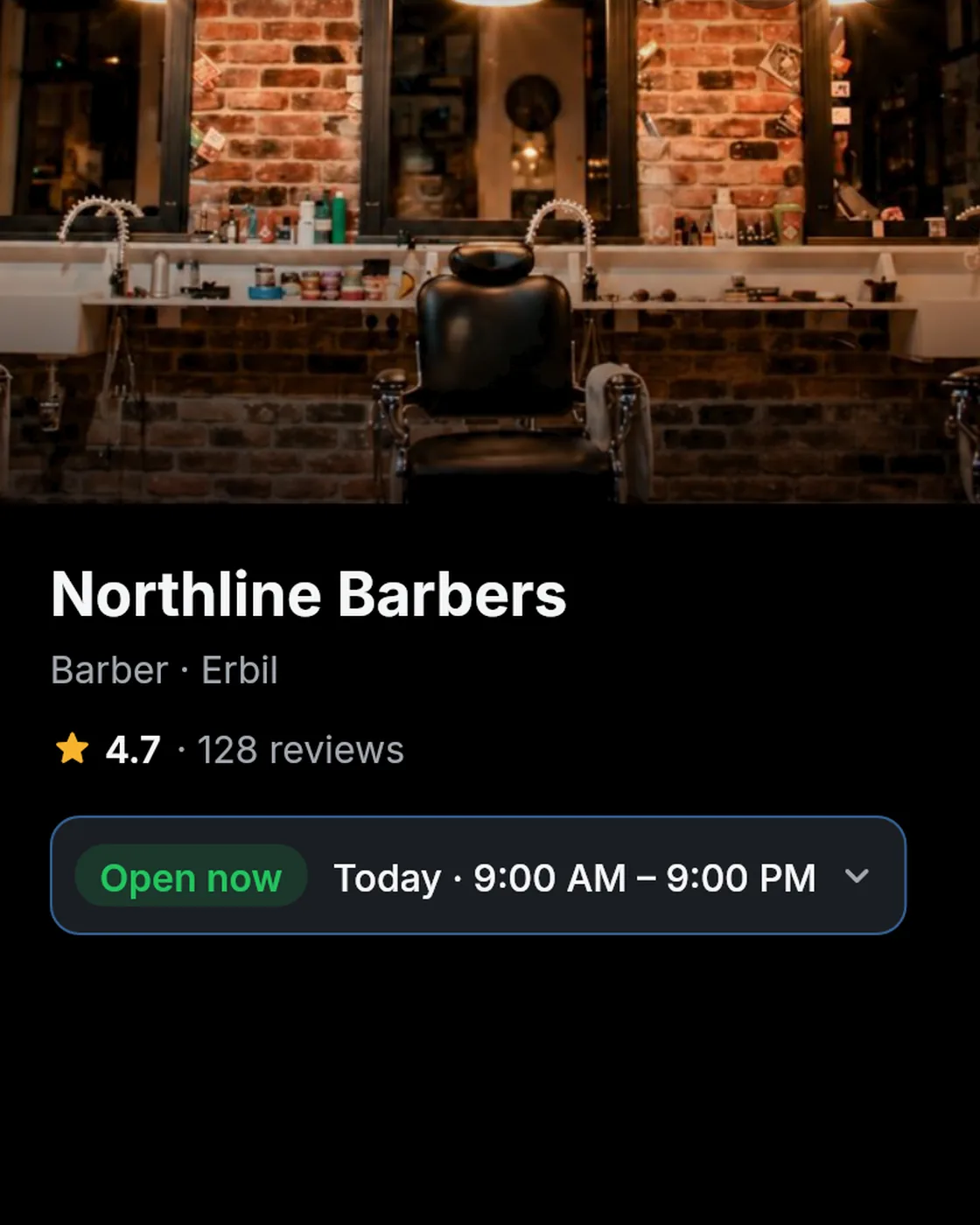 Booky.Iq venue page: Northline Barbers, a sample barbershop in Erbil, rated 4.7.