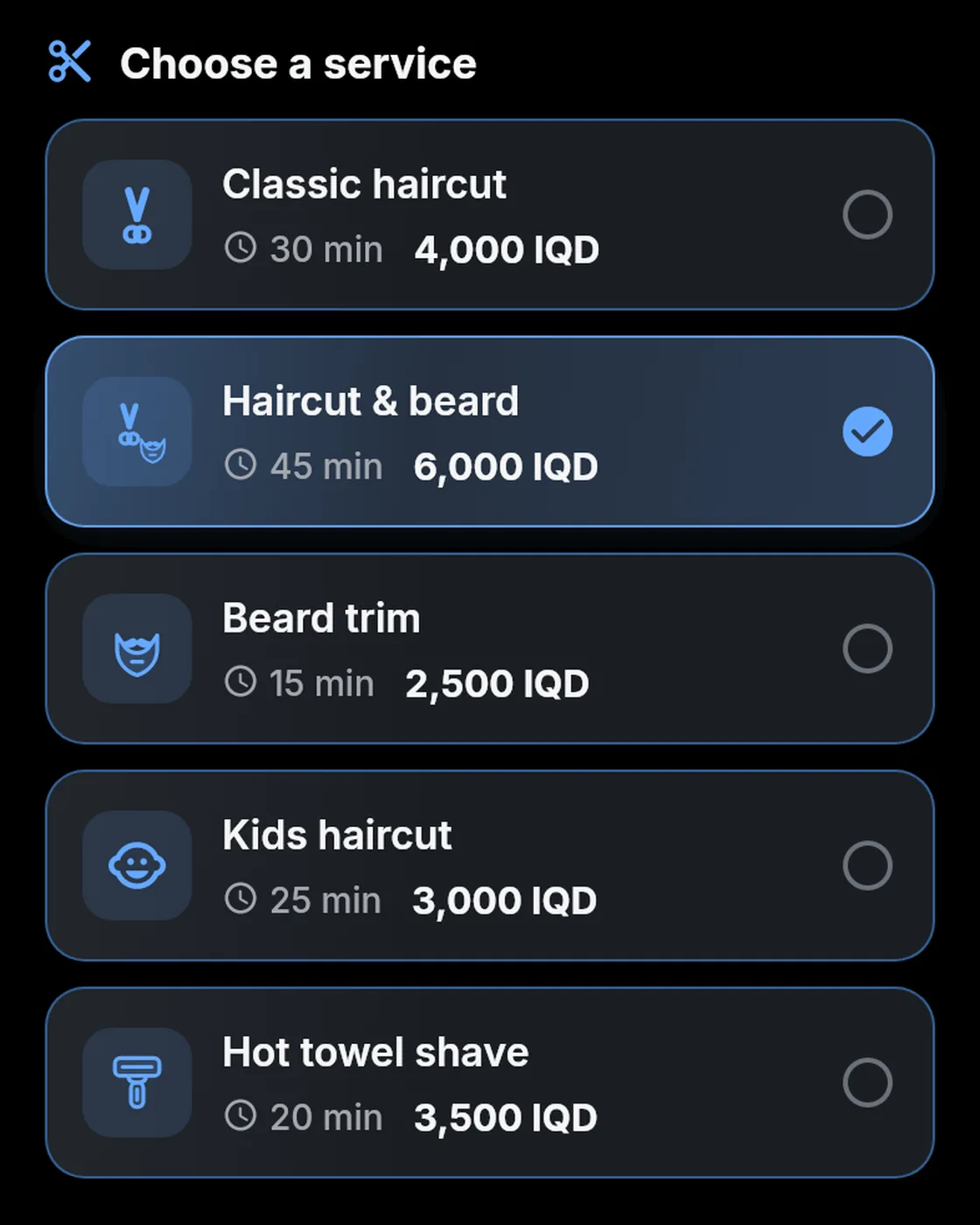 Sample barber menu: Haircut & beard, 45 min, 6,000 IQD.