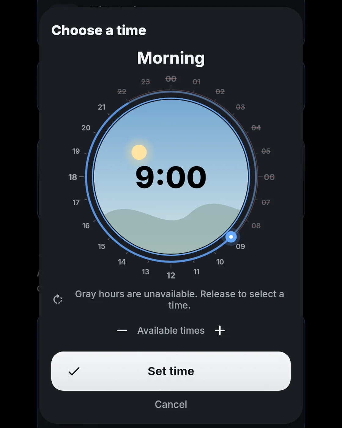 24-hour booking dial, 9:00 AM selected.